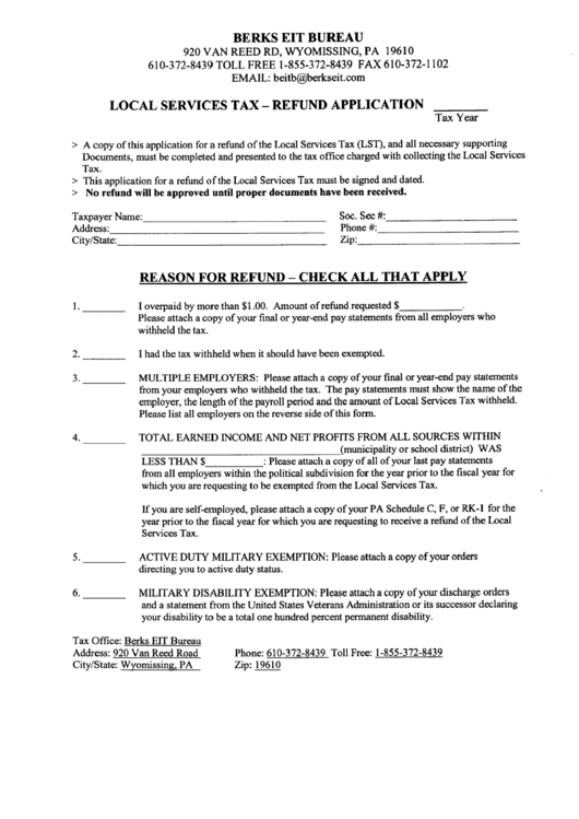 Local Services Tax Form - Refund Application Printable pdf