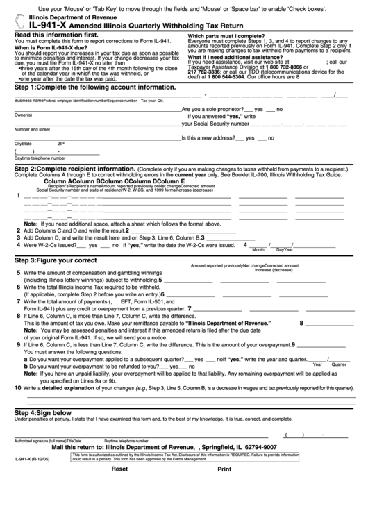 Fillable Form Il-941-X - Amended Illinois Quarterly Withholding Tax Return Printable pdf