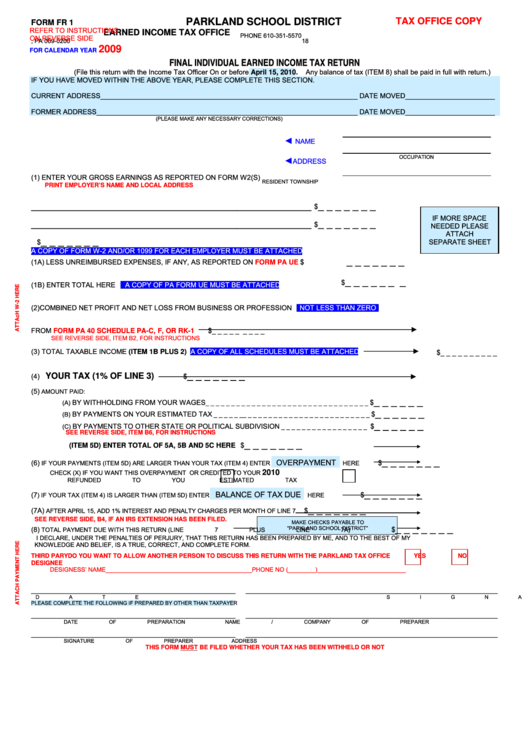 Fillable Form Fr 1 - Final Individual Earned Income Tax Return - 2009 Printable pdf