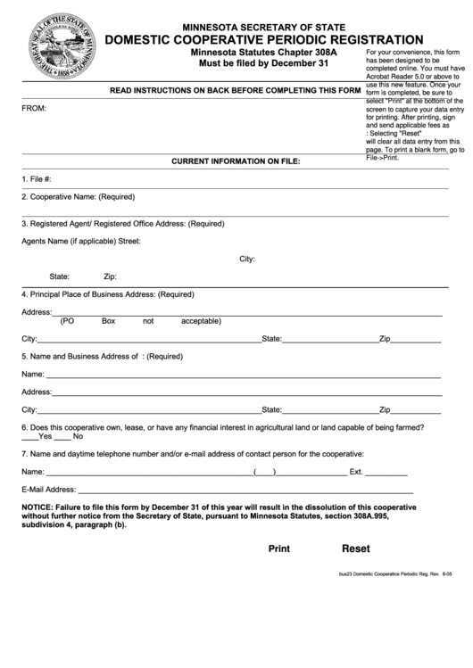 Fillable Domestic Cooperative Periodic Registration - Minnesota Secretary Of State Printable pdf