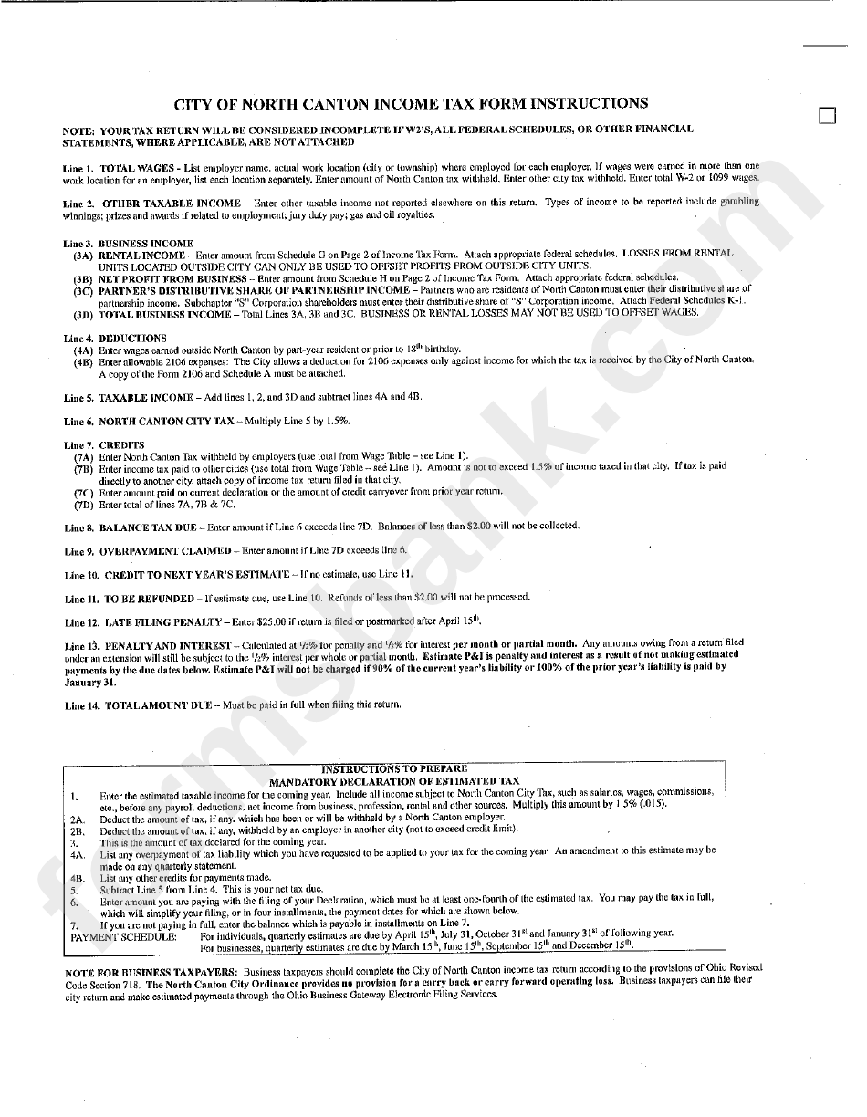 City Of North Canton Income Tax Form Instructions