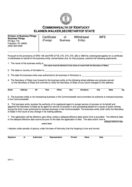 Fillable Form Wfe - Certificate Of Withdrawal - Foreign Business Entity - 2011 Printable pdf