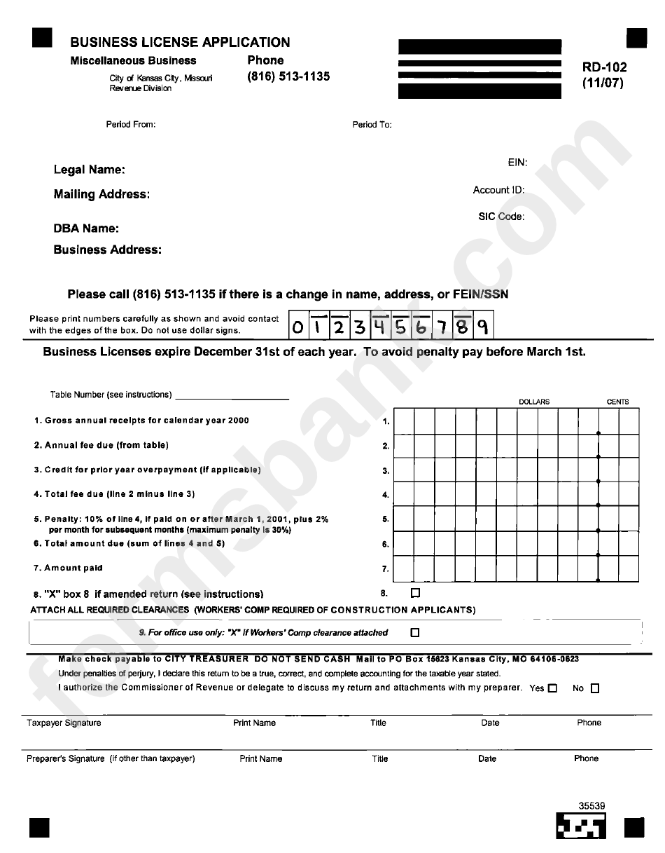 Form Rd-102 - Business License Application