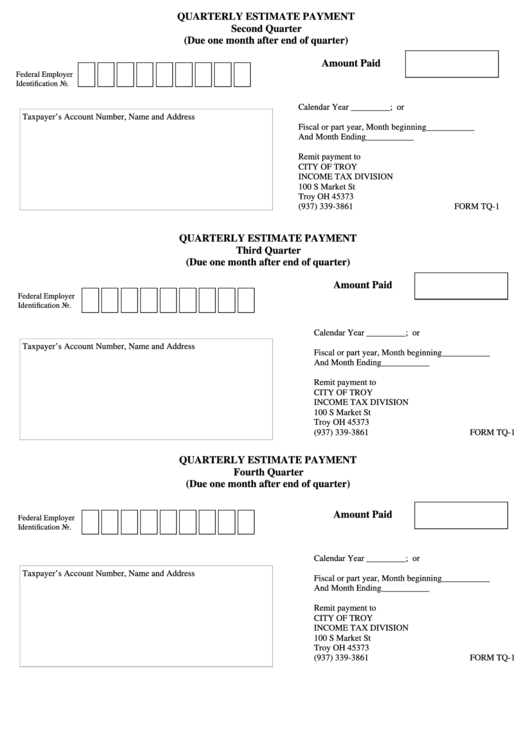 Form Tq-1 - Quarterly Estimate Payment Form - City Of Troy Printable pdf