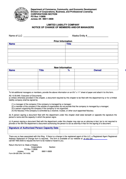 Fillable Form 08-638 - Limited Liability Company Notice Of Change Of Members And/or Managers 2009 Printable pdf