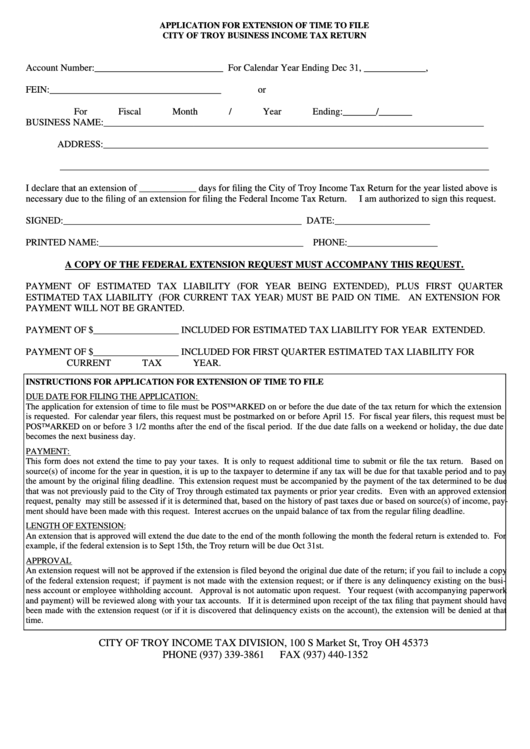 Application For Extension Of Time To File City Of Troy Business Income Tax Return Printable pdf