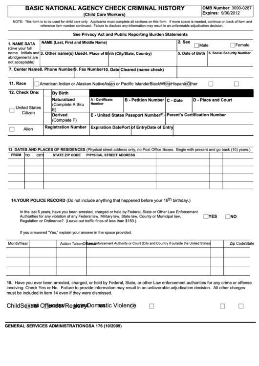 Fillable Form Gsa 176 - Basic National Agency Check Criminal History 2009 Printable pdf