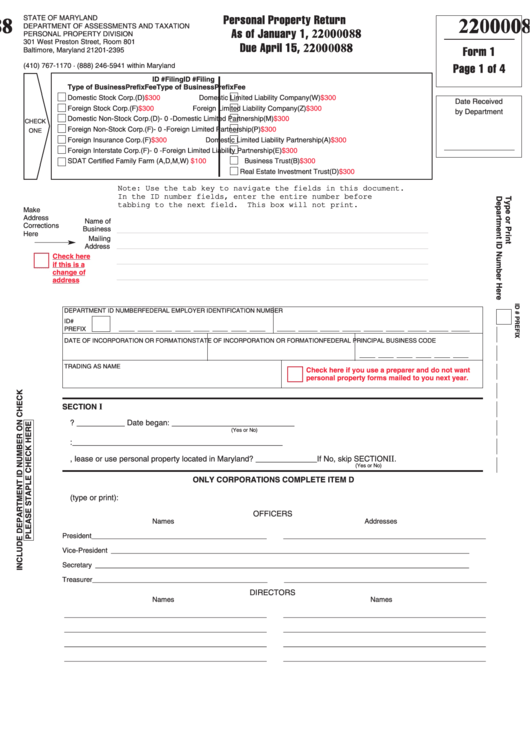Fillable Form 1 - Personal Property Return - 2008 Printable pdf