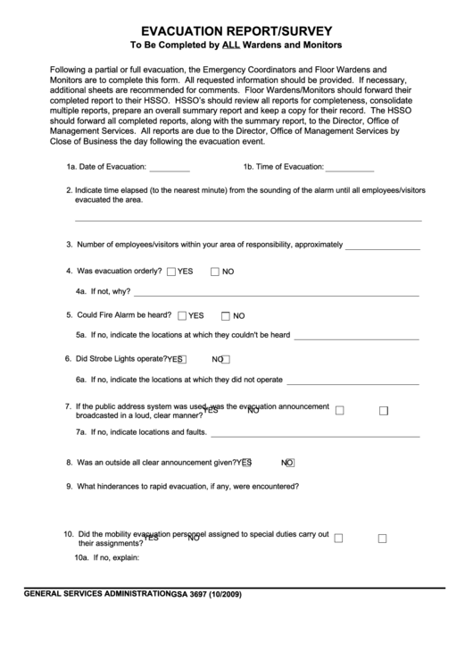 Fillable Form Gsa 3697 - Evacuation Report/survey 2009 Printable pdf