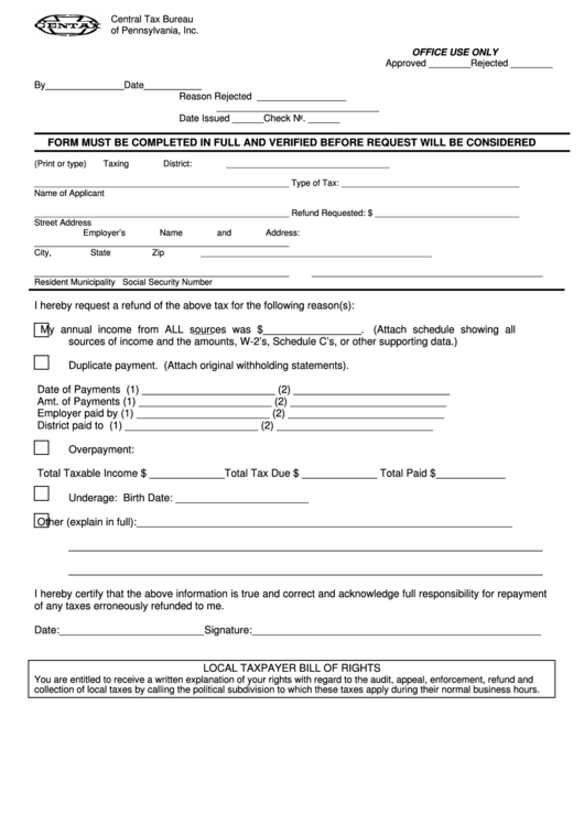 Central Tax Bureau Of Pennsylvania Form Printable pdf