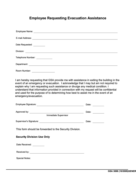 Fillable Form Gsa 3698 - Employee Requesting Evacuation Assistance 2009 Printable pdf