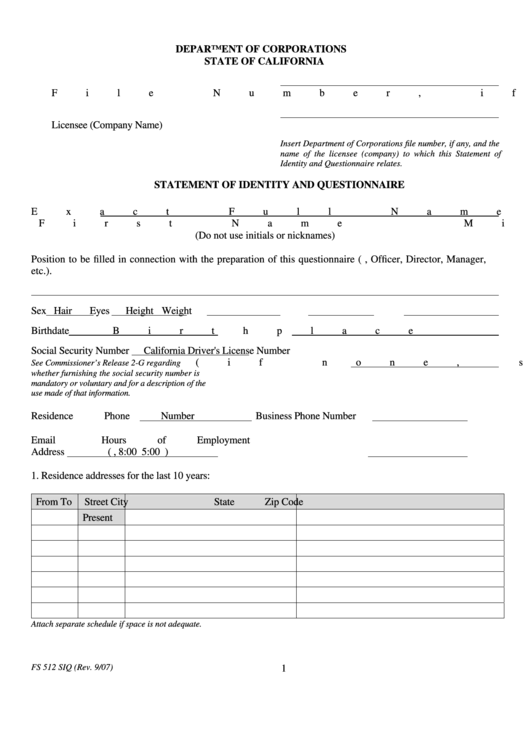 Form Fs 512 Siq - Statement Of Identity And Questionnaire Printable pdf