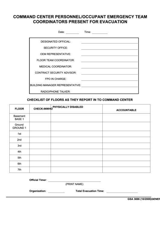 Fillable Form Gsa 3696 - Command Center Personnel/occupant Emergency Team Coordinators Present For Evacuation 2009 Printable pdf