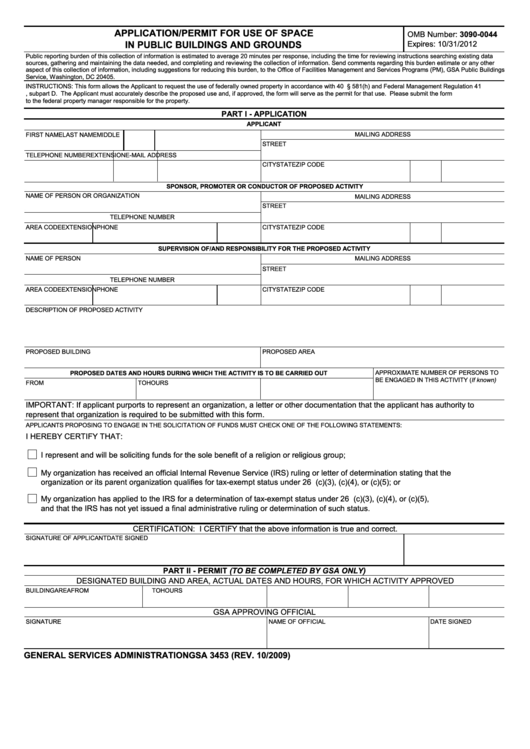 Fillable Form Gsa 3453 - Application/permit For Use Of Space In Public Buildings And Grounds 2009 Printable pdf