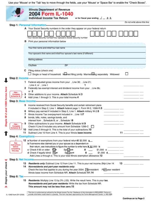 Fillable Form Il-1040 - Individual Income Tax Return - 2004 Printable pdf