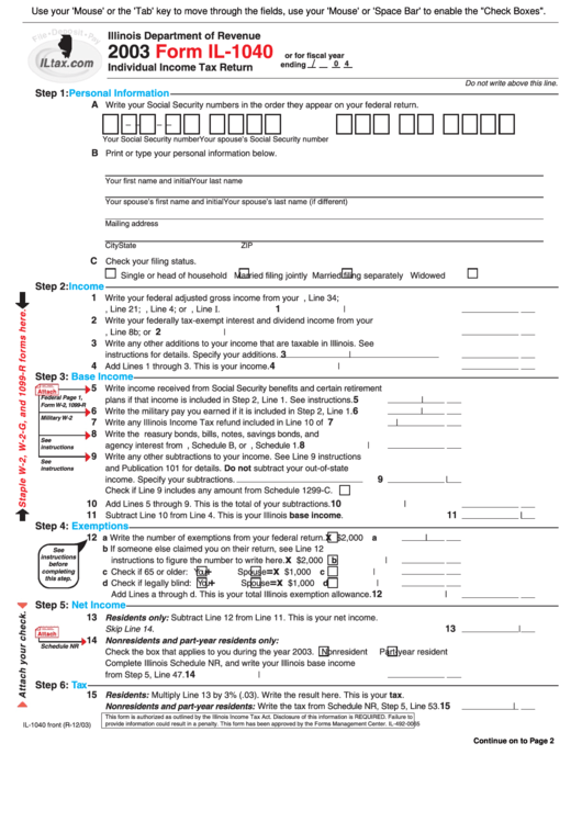 Fillable Form Il-1040 - Individual Income Tax Return - 2003 Printable pdf