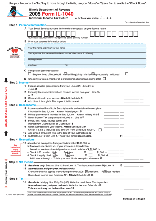 Fillable Form Il-1040 - Individual Income Tax Return - 2005 Printable pdf