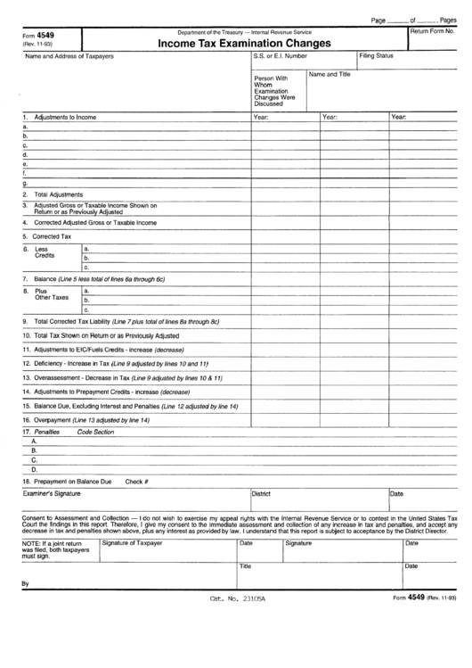 Form 4549 - Income Tax Examination Changes - Internal Revenue Service Printable pdf