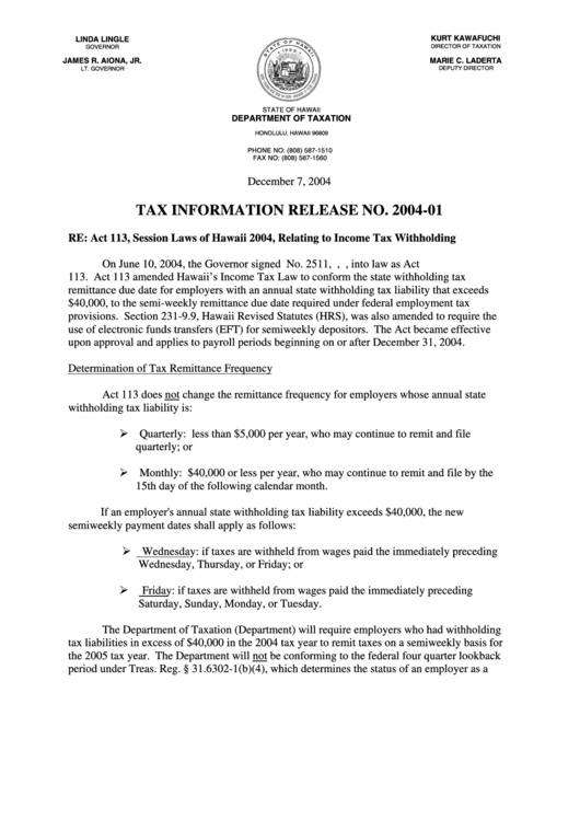 Tax Information Release No. 2004-01 - Hawaii Department Of Taxation Printable pdf