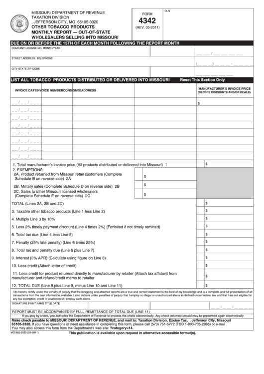 Fillable Form 4342 - Other Tobacco Products Monthly Report - Out-Of-State Wholesalers Selling Into Missouri Printable pdf