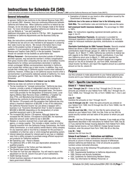 Instructions For Schedule Ca 540 State Of California Franchise Tax Board Printable Pdf Download