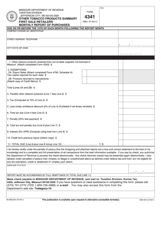 Fillable Form 4341 - Other Tobacco Products Summary First Sale Retailers Monthly Report Of Purchases Printable pdf