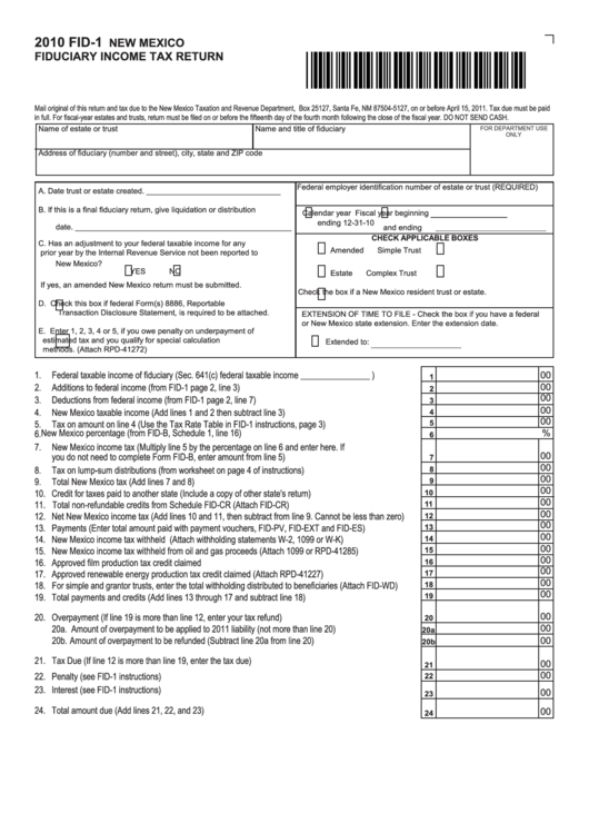 Form Fid-1 - New Mexico Fiduciary Income Tax Return - 2010 Printable pdf