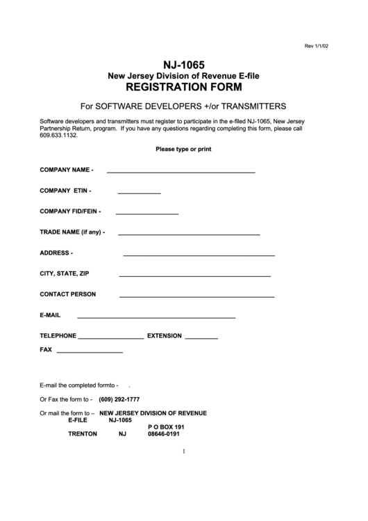 Fillable Form Nj-1065 - New Jersey Division Of Revenue E-File Registration Form For Software Developers And/or Transmitters - 2002 Printable pdf