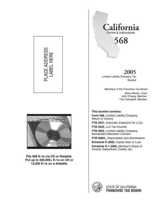 Instructions For Form 568 - Limited Liability Company Return Of Income - State Of California Franchise Tax Board - 2005 Printable pdf