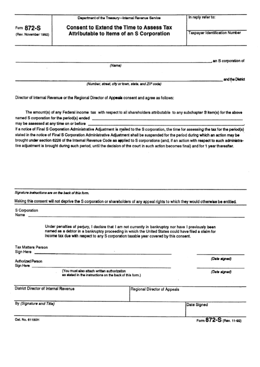 Form 872-S - Consent To Extend The Time To Assess Tax Attributable Of An S Corporation - Internal Revenue Service Printable pdf