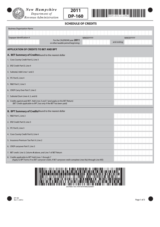 Form Dp-160 - Schedule Of Credits - New Hampshire Department Of Revenue Administration - 2011 Printable pdf