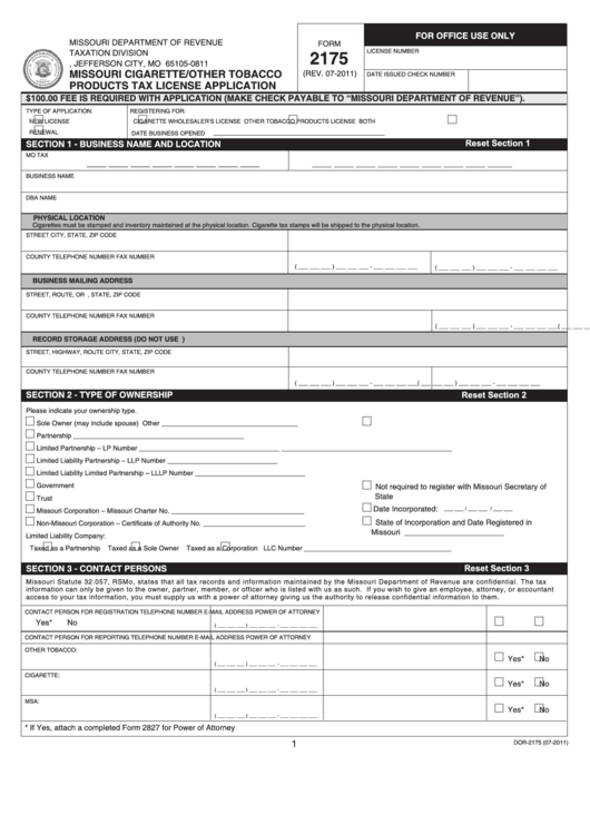 Form 2175 - Missouri Cigarette/other Tobacco Products Tax License Application