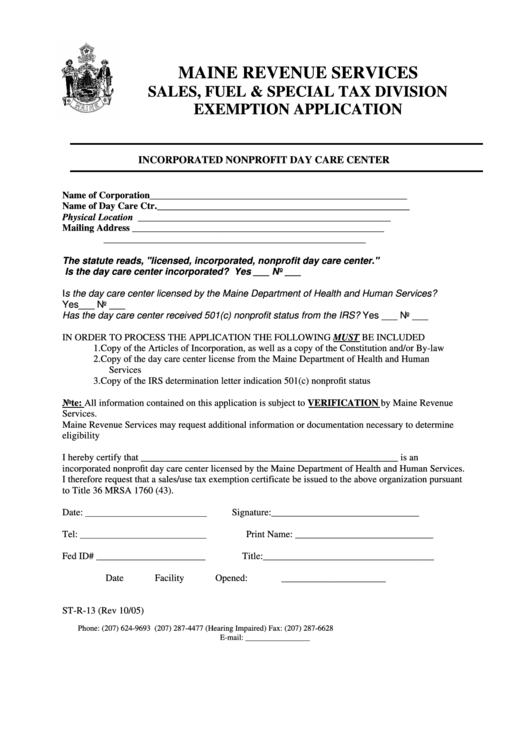 Form St-R-13 - Incorporated Nonprofit Day Care Center Printable pdf