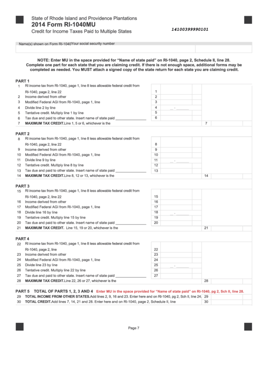 Form Ri-1040mu - Credit For Income Taxes Paid To Multiple States - 2014