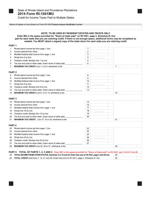 Fillable Form Ri-1041mu - Credit For Income Taxes Paid To Multiple States - 2014 Printable pdf