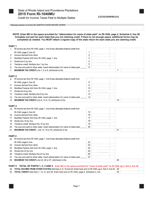 Fillable Form Ri-1040mu - Credit For Income Taxes Paid To Multiple States - 2015 Printable pdf