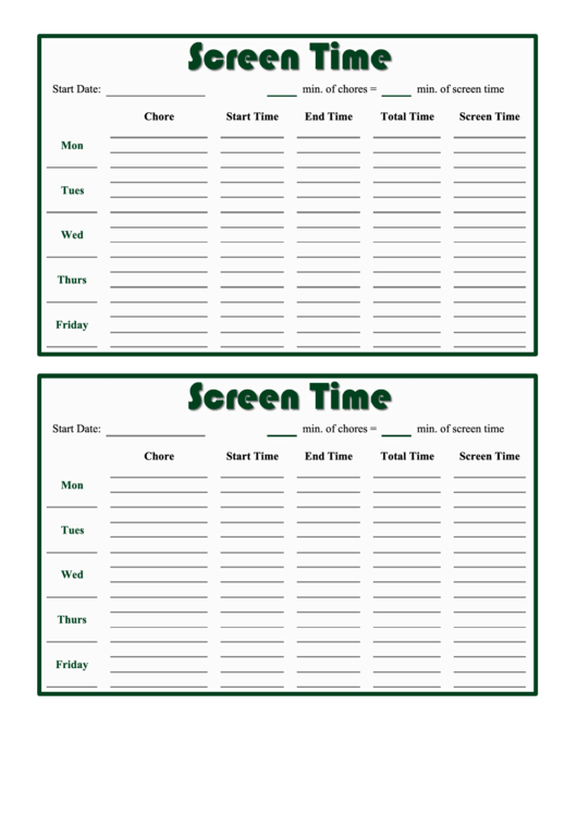 Weekly Screen Time Card Template Printable pdf