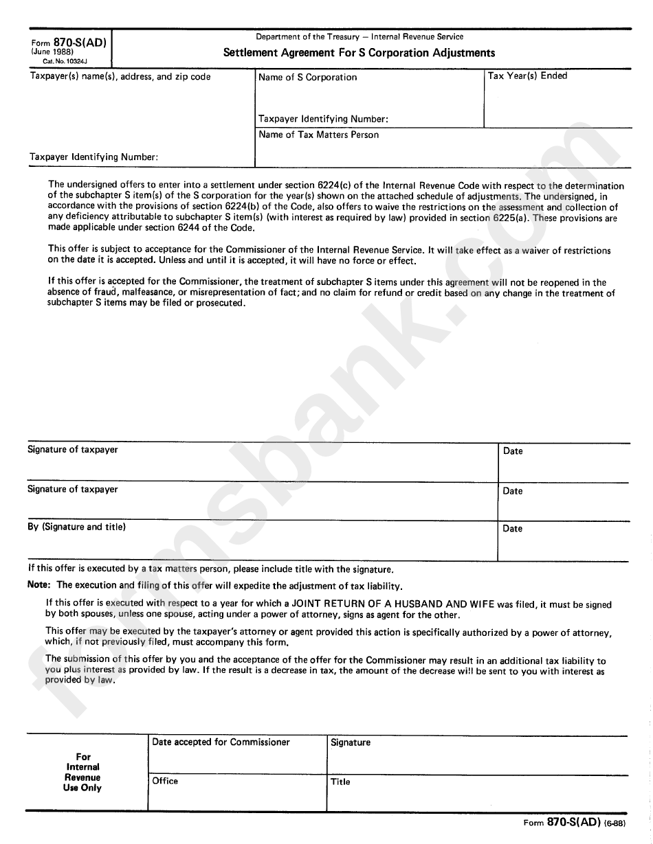 Form 870-S(Ad) - Settlement Agreement For S Corporation Adjustments - Internal Revenue Service - 1988