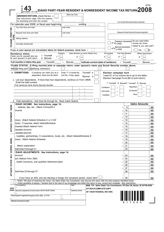 Fillable Form 43 - Idaho Part-Year Resident & Nonresident Income Tax Return - 2008 Printable pdf