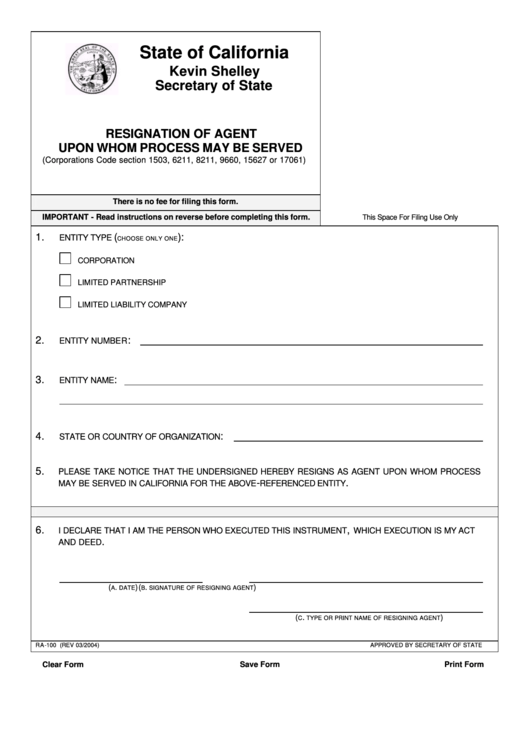 Fillable Form Ra-100 - Resignation Of Agent Upon Whom Process May Be Served - State Of California Secretary Of State Printable pdf