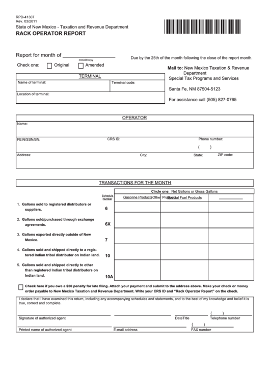 Form Rpd-41307 - Rack Operator Report - State Of New Mexico - Taxation And Revenue Department Printable pdf