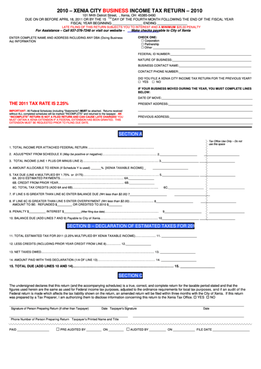 Fillable Form R-B - Business Income Tax Return Form - 2010 Printable pdf
