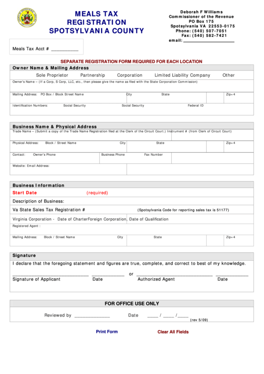 Fillable Meals Tax Registration Spotsylvania County Form Printable pdf