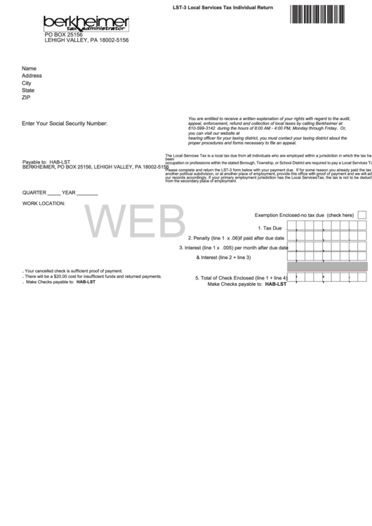 Fillable Form Lst-3 - Local Services Tax Individual Return Printable pdf