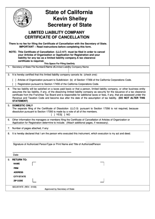 Form Llc-4/7 - Limited Liability Company Certificate Of Cancellation - State Of California Secretary Of State Printable pdf