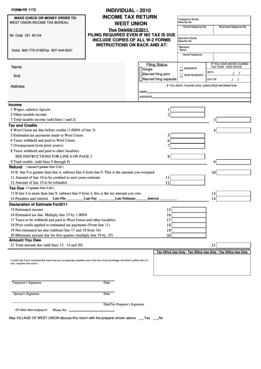 Fillable Form Fr 1172 - Individual Income Tax Return - West Union - 2010 Printable pdf