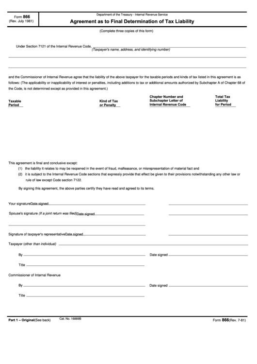 Fillable Form 866 - Agreement As To Final Determination Of Tax Liability Printable pdf