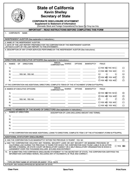Fillable Form Si-Ptsupp - Corporate Disclosure Statement - State Of California Secretary Of State Printable pdf