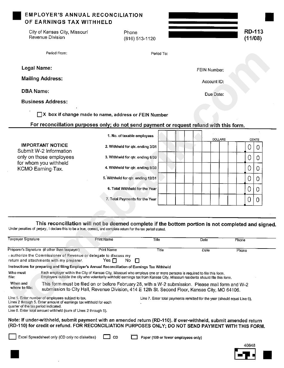 Fillable Form Rd 113 Employers Annual Reconciliation Of Earnings Tax Withheld Printable Pdf 8896