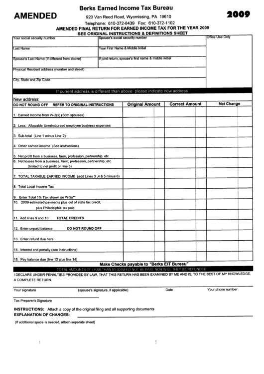 Amended Final Return For Earned Income Tax For The Year 2009 Printable pdf
